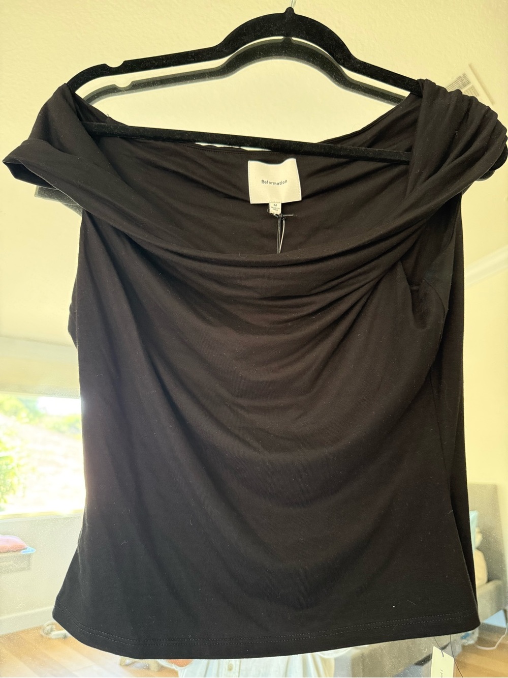 Reformation cello Black Off-Shoulder Drape Camisole